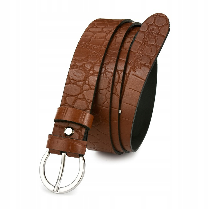 Skórzany pasek damski do spodni sukienki Beltimore brąz 3 cm W82 : Kolory - brązowy, beżowy, Rozmiar pasków - r.120-135 cm