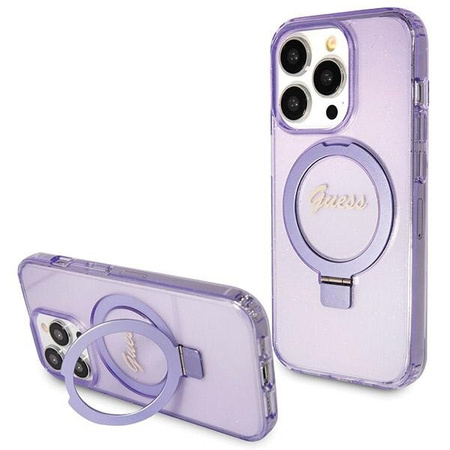 Guess GUHMP14XHRSGSU iPhone 14 Pro Max 6.7" fioletowy/purple hardcase Ring Stand Script Glitter MagSafe