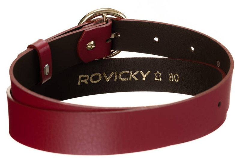 Połyskujący, skórzany pasek damski ze złotą, okrągłą klamrą - Rovicky