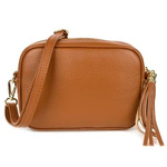 Camel mała damska listonoszka z frędzlem przewieszka z włoskiej naturalnej skóry licowej P14