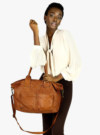 Klasyczna torebka shopper z kieszeniami pleciona skóra handmade - MARCO MAZZINI brąz camel